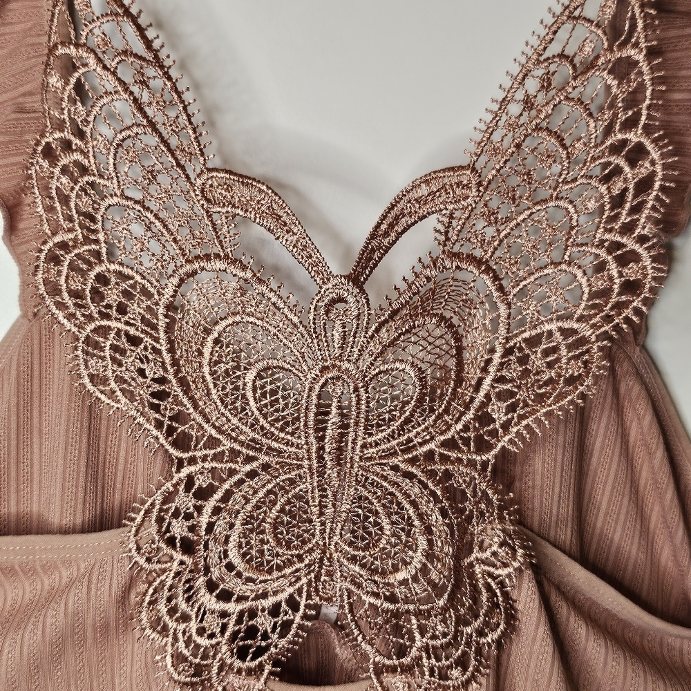 Lace Butterfly Y2K Back Crop Tank Top Medium Dusty Rose Ruffle Ribbed Cami Boho - Picture 2 of 7